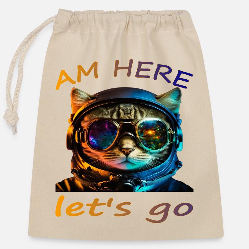 Chat Cosmonaute « Je suis là » - Sac cadeau en coton avec cordon (25 x 30 cm) - nature
