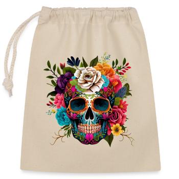 Totenkopf Blumen Bunt - Verschließbarer Geschenkbeutel aus Baumwolle (25x30cm) - Natur - Vorne