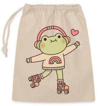 Grenouille mignonne avec des écouteurs et des patins à roulettes - Sac cadeau en coton avec cordon (25 x 30 cm) - nature - Devant