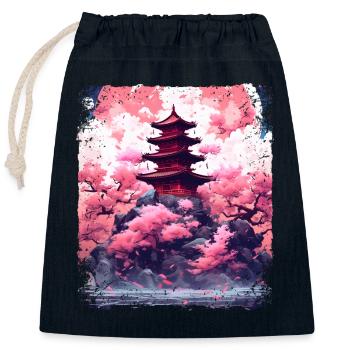 Cerisier en fleurs dans un temple Sakura Vaporwave - Sac cadeau en coton avec cordon (25 x 30 cm) - bleu marine - Devant