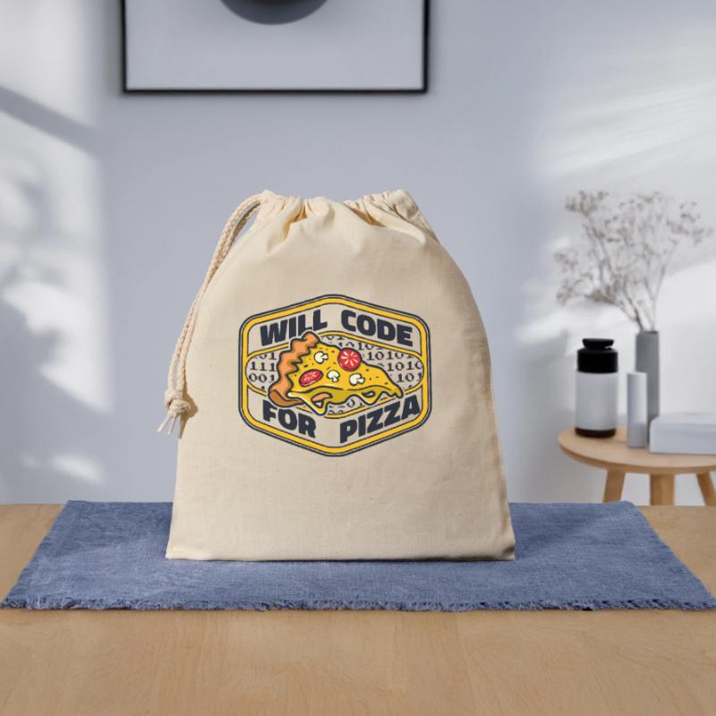 Will Code For Pizza Developer Coder Programmierer Verschließbarer Geschenkbeutel aus Baumwolle (25x30cm)