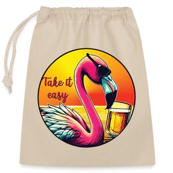 Flamingo with beer Take it easy - Closable cotton gift bag (25x30cm) - nature - Front