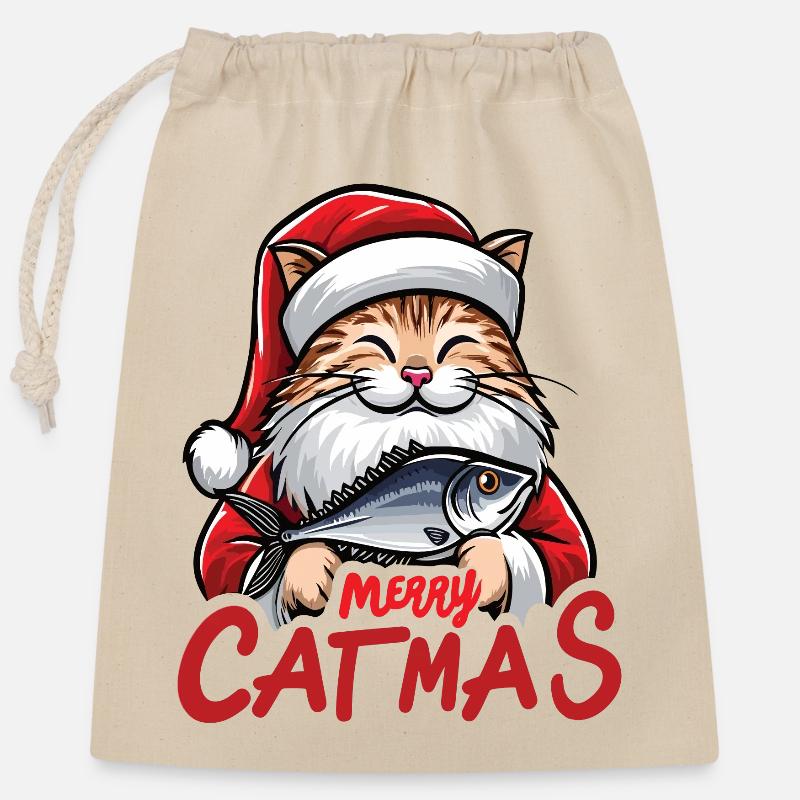 Fette Katze als Weihnachtsmann mit Thunfisch, Merry Catmas - Verschließbarer Geschenkbeutel aus Baumwolle (25x30cm) - Natur