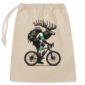 Cycling moose with backpack Camping - Closable cotton gift bag (25x30cm) - nature - Front