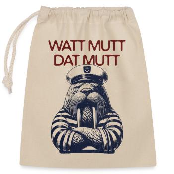 Watt Mutt dat Mutt - Walross Kapitän - Verschließbarer Geschenkbeutel aus Baumwolle (25x30cm) - Natur - Vorne