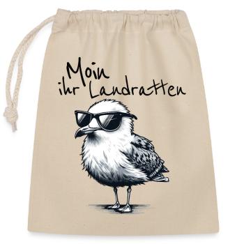 Moin ihr Landratten Lustiger Möwe Spruch - Verschließbarer Geschenkbeutel aus Baumwolle (25x30cm) - Natur - Vorne