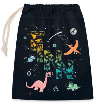 FINN - Schöner Jungen Name mit Dinosaurier - Verschließbarer Geschenkbeutel aus Baumwolle (25x30cm) - Navy - Vorne