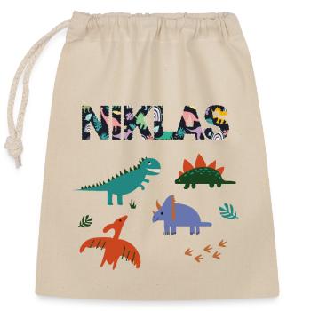 NIKLAS - Schöner Jungen Name mit Dinosaurier - Verschließbarer Geschenkbeutel aus Baumwolle (25x30cm) - Natur - Vorne