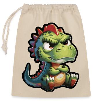 Grummeliger Dino – Lustiges Cartoon-Motiv - Verschließbarer Geschenkbeutel aus Baumwolle (25x30cm) - Natur - Vorne