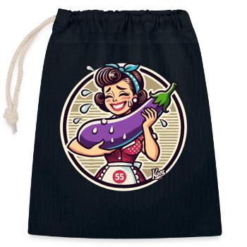 Hausfrau hält schüchtern eine große Aubergine - Verschließbarer Geschenkbeutel aus Baumwolle (25x30cm) - Navy - Vorne