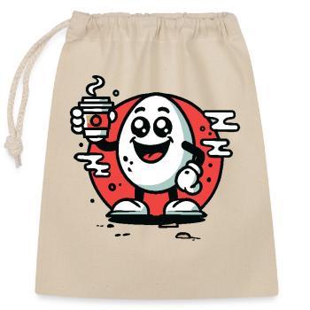 Fröhliches Cartoon Frühstücks-Ei mit Kaffee - Verschließbarer Geschenkbeutel aus Baumwolle (25x30cm) - Natur - Vorne