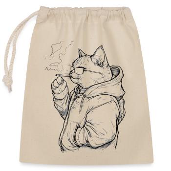 Cool cat with joint: Casual house tiger with cheese - Closable cotton gift bag (25x30cm) - nature - Front