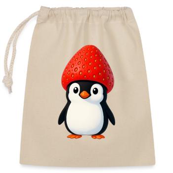 Pingouin drôle avec fraise et chapeau - Sac cadeau en coton avec cordon (25 x 30 cm) - nature - Devant