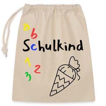 Schulanfang mit ABC und Schultüte - Verschließbarer Geschenkbeutel aus Baumwolle (25x30cm) - Natur - Vorne