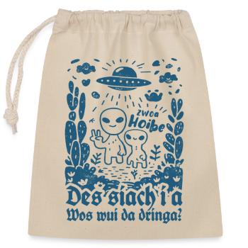 Aliens Zwoa Hoibe - bayrisch, Gaudi Spruch - Verschließbarer Geschenkbeutel aus Baumwolle (25x30cm) - Natur - Vorne