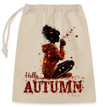 Hello Autumn – Cozy Girl and Hot Drink - Sac cadeau en coton avec cordon (25 x 30 cm) - nature - Devant