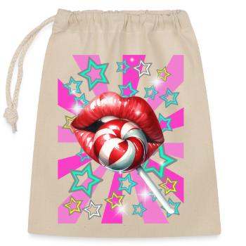 Retro Lolli Lippen Kussmund 60er - Verschließbarer Geschenkbeutel aus Baumwolle (25x30cm) - Natur - Vorne