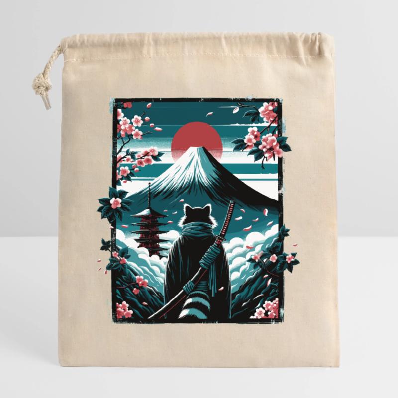 Chat avec une épée de samouraï devant Fuji Sac cadeau en coton avec cordon (25 x 30 cm)