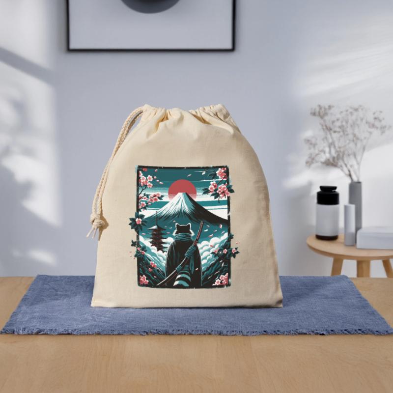Chat avec une épée de samouraï devant Fuji Sac cadeau en coton avec cordon (25 x 30 cm)
