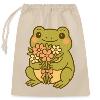 Kawaii Frosch mit Blumenstrauß – Cute Frog Art - Verschließbarer Geschenkbeutel aus Baumwolle (25x30cm) - Natur - Vorne