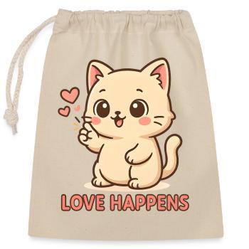 L’amour arrive : chaton au cœur - Sac cadeau en coton avec cordon (25 x 30 cm) - nature - Devant