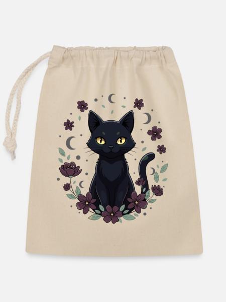 Mondnachtkatze Blumenkreis - Verschließbarer Geschenkbeutel aus Baumwolle (25x30cm) - Natur