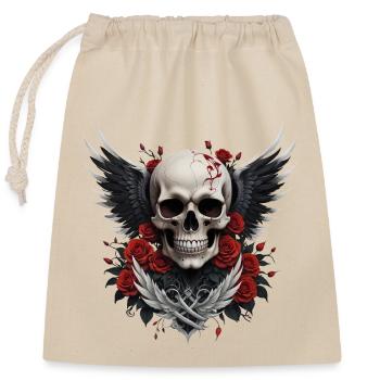 Geflügelter Totenkopf & rote Rosen, Gothic, Totenkopf - Verschließbarer Geschenkbeutel aus Baumwolle (25x30cm) - Natur - Vorne