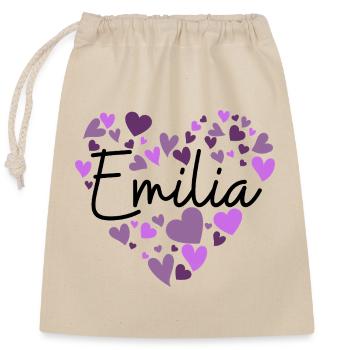 Conception du nom Emilia avec des cœurs violets en forme de cœur - Sac cadeau en coton avec cordon (25 x 30 cm) - nature - Devant