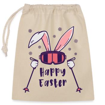 Happy Easter from Skiing Rabbit with ski poles - Closable cotton gift bag (25x30cm) - nature - Front