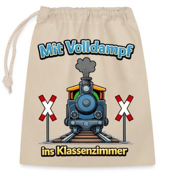 Dampflok ins Klassenzimmer zur Einschulung  - Verschließbarer Geschenkbeutel aus Baumwolle (25x30cm) - Natur - Vorne