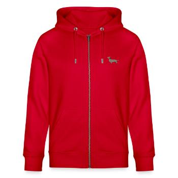 Dackel bestickt - Stanley/Stella Unisex Bio-Kapuzenjacke CULTIVATOR  - Rot - Vorne - Nico (186cm) & Anna (173cm)