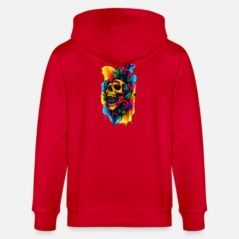 Bunter Totenschädel mit Messer und Blättern - Stanley/Stella Unisex Bio-Kapuzenjacke CULTIVATOR  - Rot