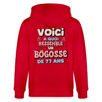 Humour Anniversaire 77 Ans - Veste à capuche bio CULTIVATOR Stanley/Stella Unisexe - rouge - Dos - Anna (173cm)