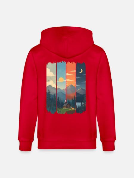 Horizons in four mountain panels - Stanley/Stella CULTIVATOR  Unisex Organic Hooded Jacket - red