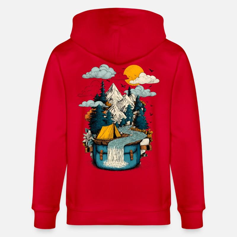 Mountain Lake Path - Camping Backpacker Motif - Stanley/Stella CULTIVATOR Unisex Organic Hooded Jacket - red