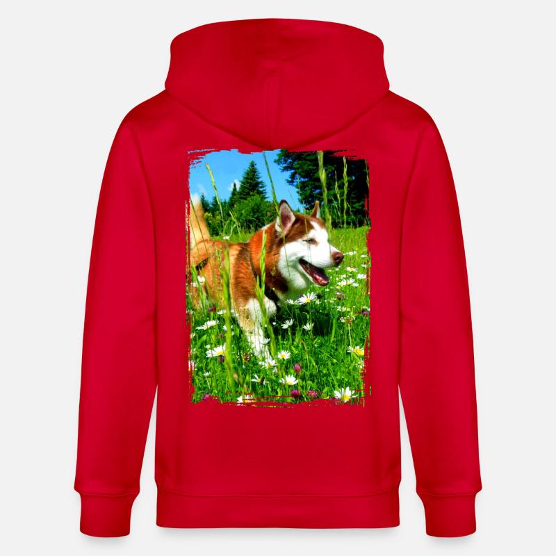 Husky dans un champ de fleurs - Veste à capuche bio CULTIVATOR Stanley/Stella Unisexe - rouge