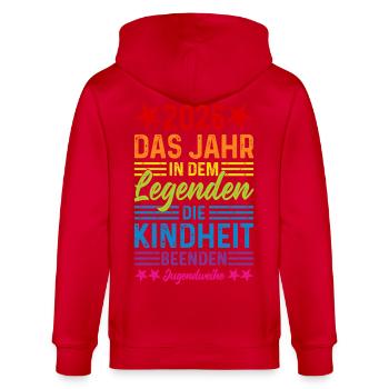 2026 Das Jahr in dem Legenden die Kindheit beenden - Stanley/Stella Unisex Bio-Kapuzenjacke CULTIVATOR  - Rot - Hinten - Anna (173cm)