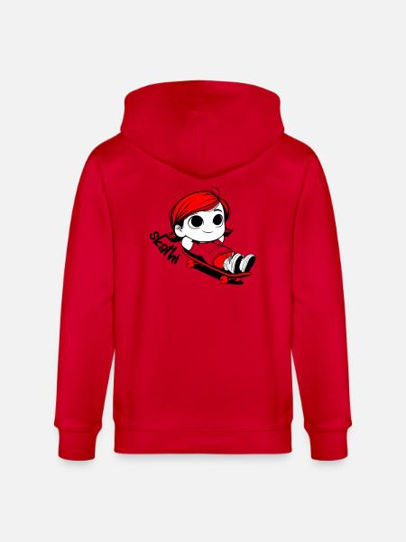 Kathi relaxes on a skateboard. - Stanley/Stella CULTIVATOR  Unisex Organic Hooded Jacket - red