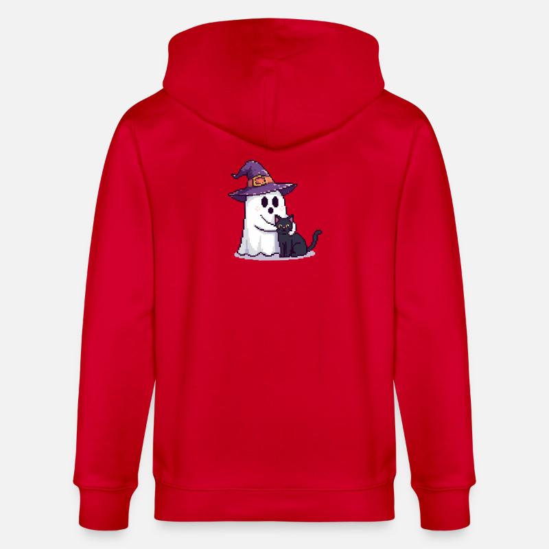 Pixel Geist mit Hexenhut & Katze – Halloween - Stanley/Stella Unisex Bio-Kapuzenjacke CULTIVATOR  - Rot
