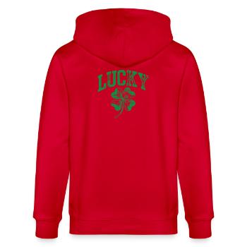 Lucky Shamrock Arch - Stanley/Stella Unisex Bio-Kapuzenjacke CULTIVATOR  - Rot - Hinten - Anna (173cm)