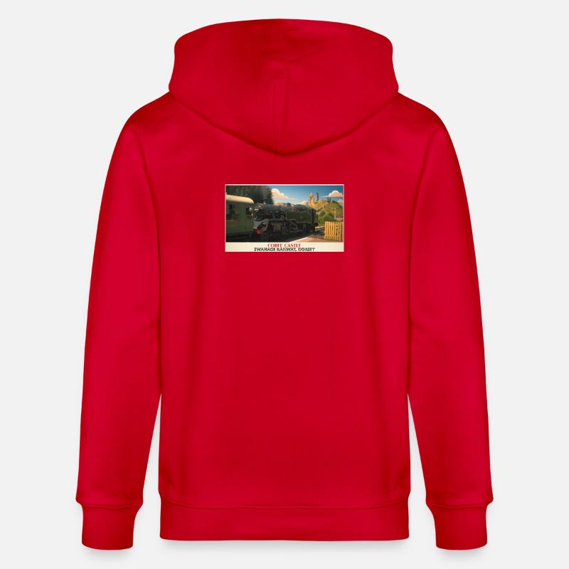 Corfe Castle Dampflok-Plakat - Stanley/Stella Unisex Bio-Kapuzenjacke CULTIVATOR  - Rot