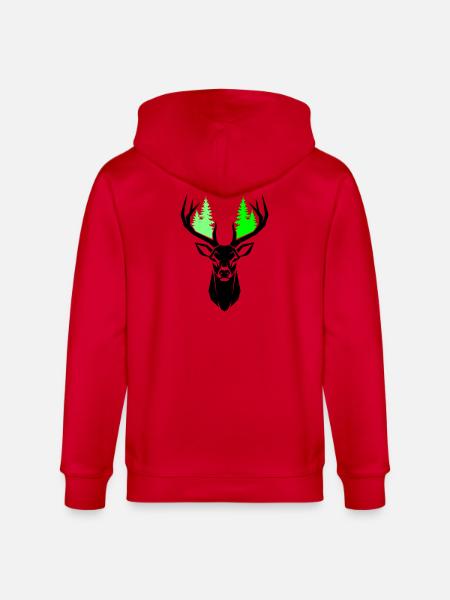 Deer Head Fir Trees Natural Green - Stanley/Stella CULTIVATOR  Unisex Organic Hooded Jacket - red