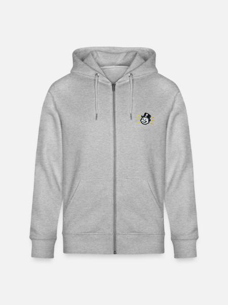 Monopoly Mr. Monopoly som et brystmotiv i broderidesign - Stanley/Stella økologisk unisex-hættejakke CULTIVATOR  - grå meleret