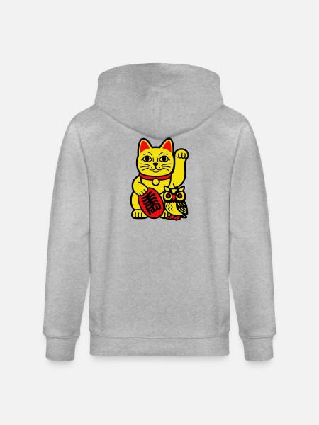 Lucky cat with little owl - Stanley/Stella CULTIVATOR  Unisex Organic Hooded Jacket - heather grey