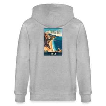 Erleben Sie das Küstenparadies Sardiniens in Italien - Stanley/Stella Unisex Bio-Kapuzenjacke CULTIVATOR  - Grau meliert - Hinten - Luana (180cm)