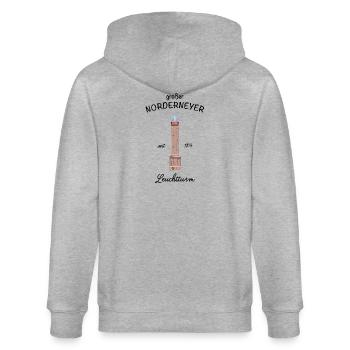 Norderney, Nordsee, großer Leuchtturm, Zeichnung - Stanley/Stella Unisex Bio-Kapuzenjacke CULTIVATOR  - Grau meliert - Hinten - Luana (180cm)
