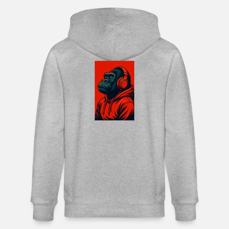 Gorilla im Kapuzenpullover mit Kopfhörern - Stanley/Stella Unisex Bio-Kapuzenjacke CULTIVATOR  - Grau meliert