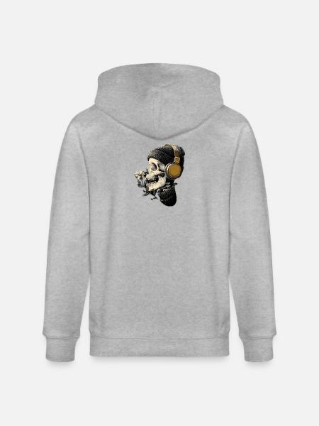 Headphone Skull with Flower - Stanley/Stella CULTIVATOR Unisex Organic Hooded Jacket - heather grey