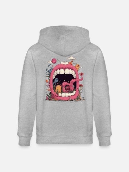 Pink Mouth World with Creatures - Stanley/Stella CULTIVATOR Unisex Organic Hooded Jacket - heather grey