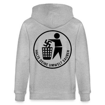 Fck nzs - halte deine umwelt sauber - Stanley/Stella Unisex Bio-Kapuzenjacke CULTIVATOR  - Grau meliert - Hinten - Luana (180cm)